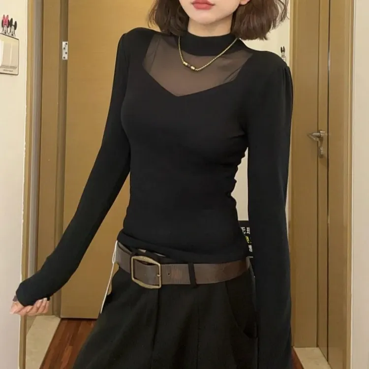 设计小众黑色网纱拼接长袖T恤女秋冬加绒加厚内搭打底衫修身上衣