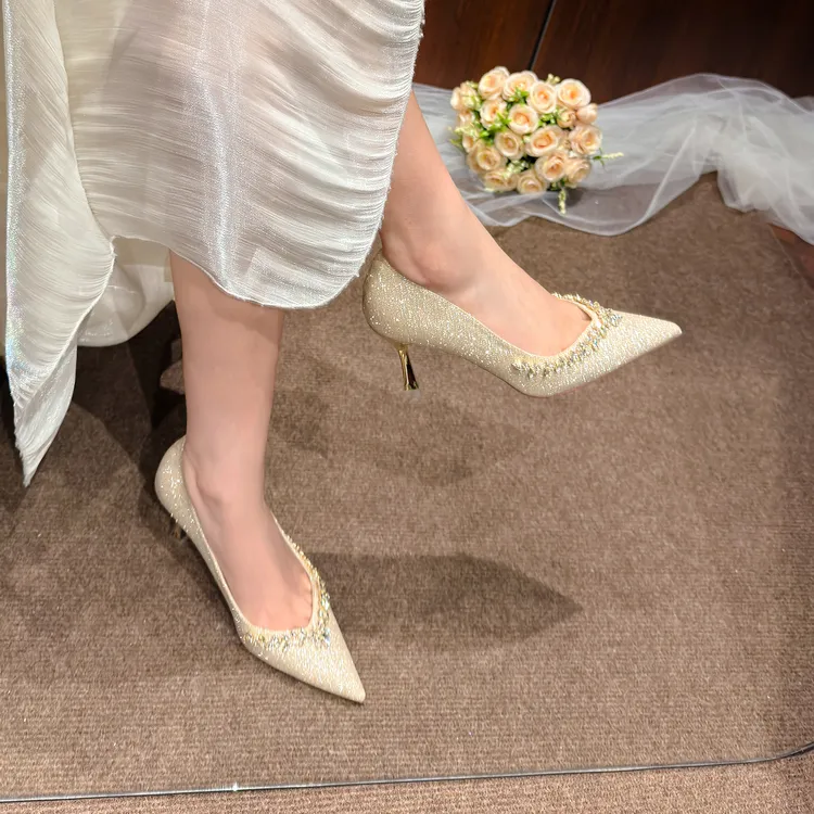 【池美】婚鞋女款秀禾婚纱通用款舒服不累脚订婚礼服高级水晶高跟鞋