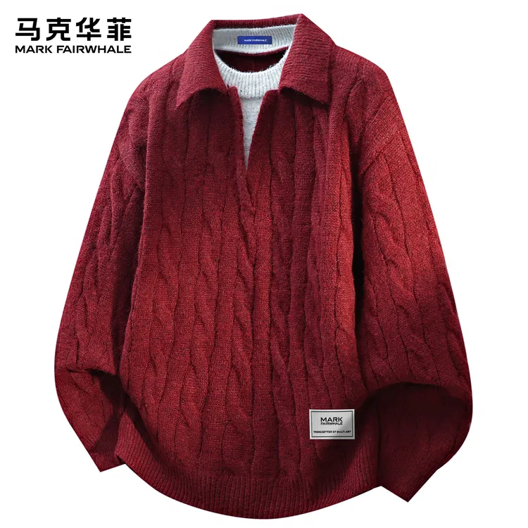 【假两件设计】马克华菲潮牌翻领针织衫男秋冬季撞色毛衣针织套头衫