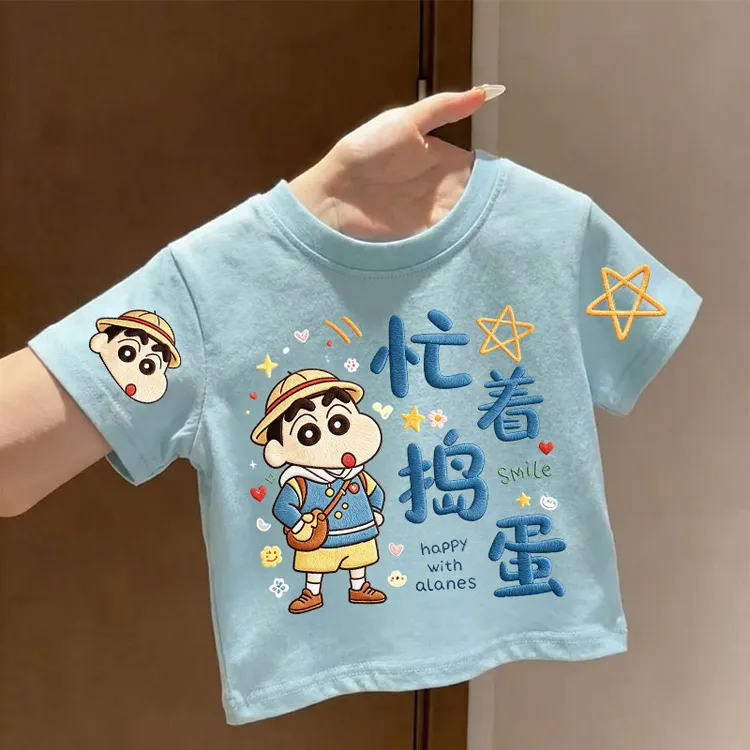 纯棉夏季新款男女童韩版史迪仔百搭短袖中大童宽松圆领洋气多巴胺
