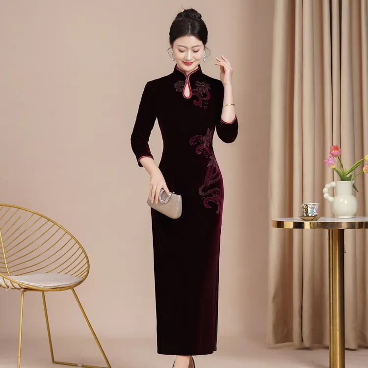 春秋冬新款气质修身改良丝绒旗袍裙大码喜婆婆喜妈妈婚宴礼服长款