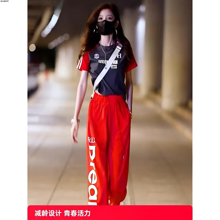 2025夏季新款减龄显瘦时尚休闲运动短袖束脚裤两件套装女韩版嘻哈