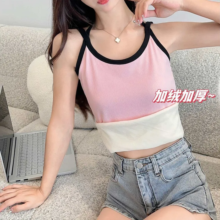 秋冬加绒加厚挂脖交叉吊带保暖背心打底外穿修身辣妹撞色无袖上衣