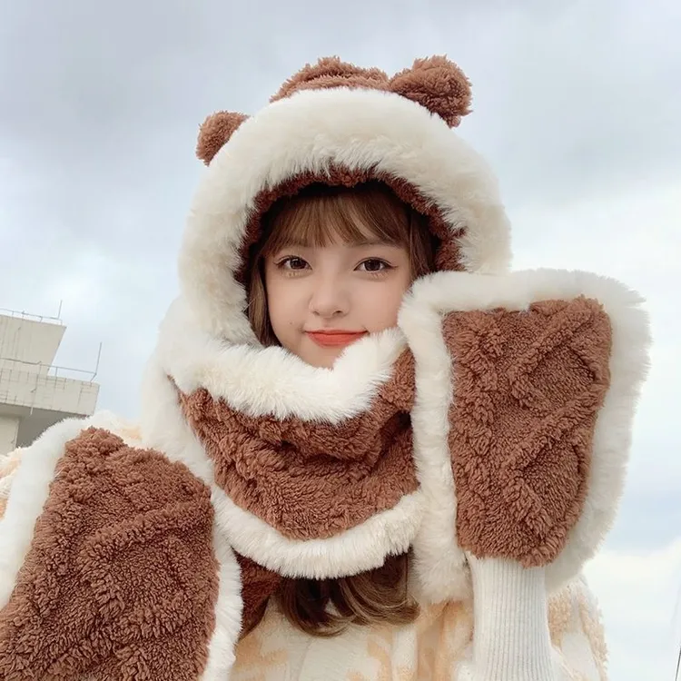 冬款小熊耳朵帽子围巾手套一体女加厚毛绒护耳防寒保暖（毛边小熊）