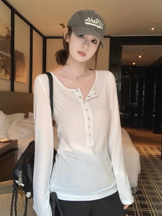 春秋款百搭老钱风女装T恤韩版纯色棉质ins洋气设计感长袖打底小衫
