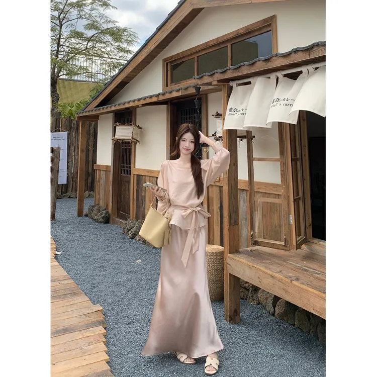 韩系千金风系带长袖宽松衬衫女2025秋季高腰显瘦半身裙长裙两件套