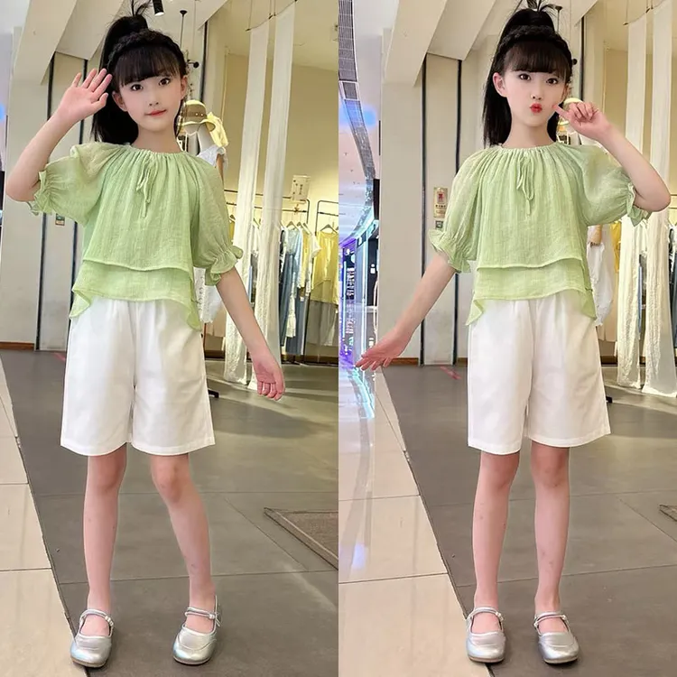 女童新款短袖衬衣2025年夏季新款中大童洋气新款泡泡袖法式套装