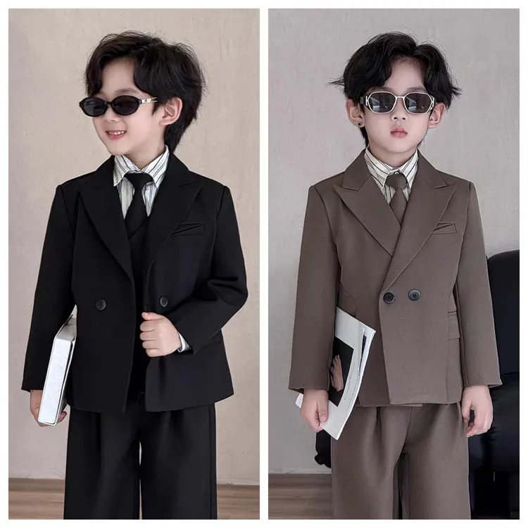 秋冬加绒加厚儿童西服男童主持演讲礼服花童钢琴表演周岁宝宝西装