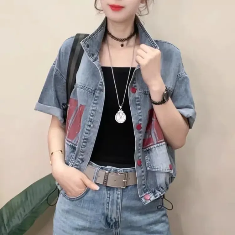 字母印花短袖牛仔短外套女2025早秋新款韩版时尚潮流抽绳百搭上衣