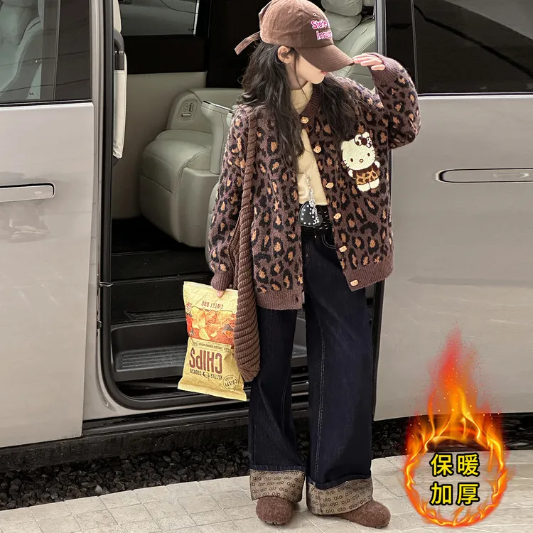 女童秋冬豹纹毛衣套装2025新款儿童洋气女孩冬装针织衫大童牛仔裤