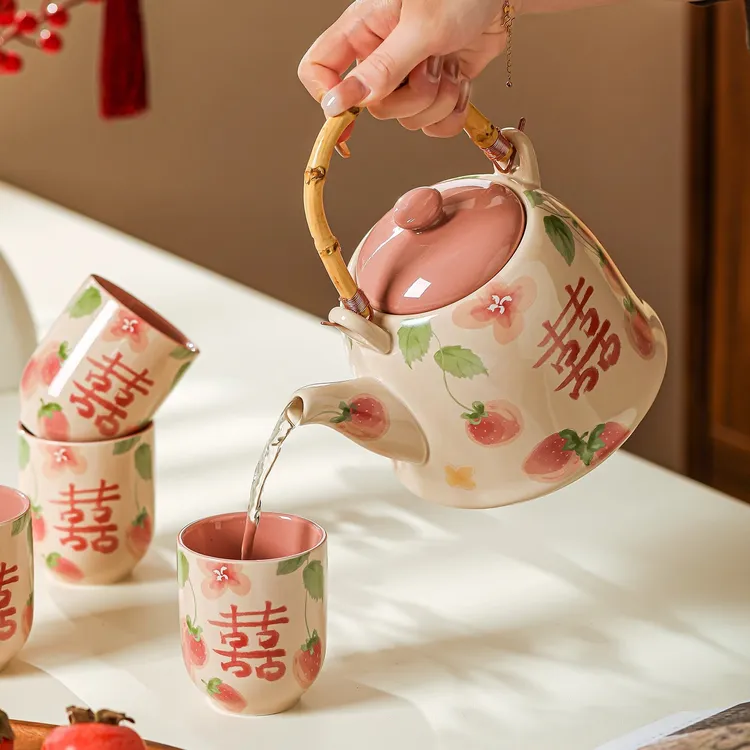 高温釉下彩杯子套装家用陶瓷水壶茶杯水具礼物乔迁新居新婚送茶具