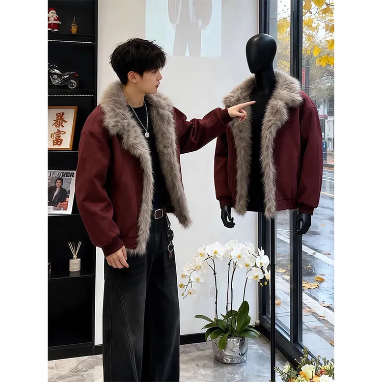 红色毛领座山雕外套男款冬季短款高级感痞帅加厚仿麂皮水貂绒棉服