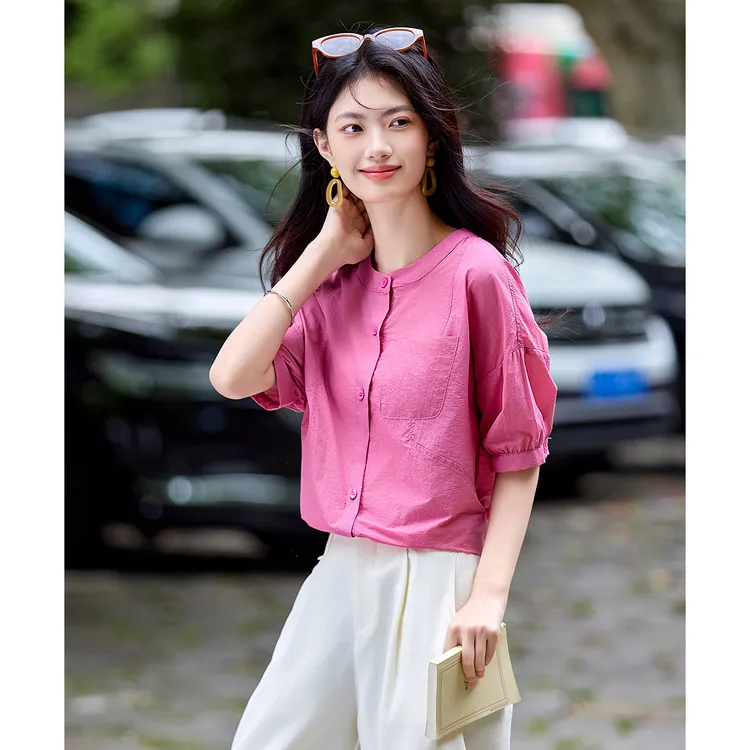 尚静通勤风圆领短袖纯色衬衫2025夏季新款时尚休闲气质百搭舒适