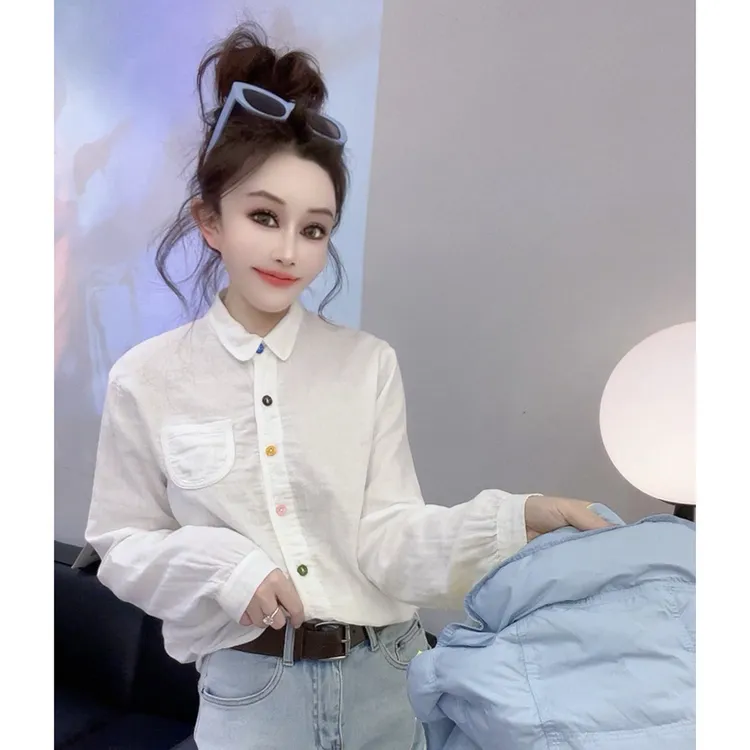 欧洲站彩色纽扣百搭长袖衬衫女秋冬新款设计感韩版休闲时尚上衣