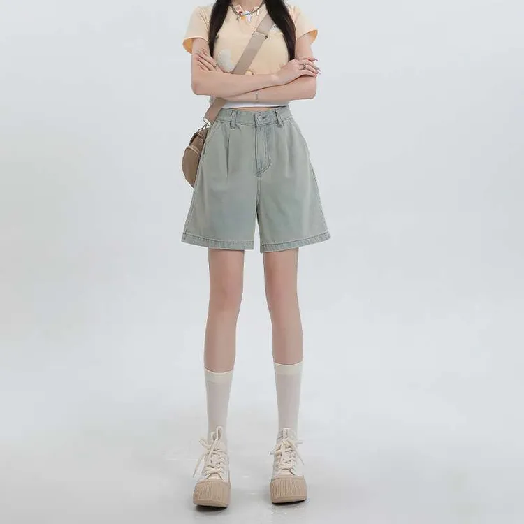 高腰浅蓝色牛仔短裤女夏季百搭简约修身牛仔短裤
