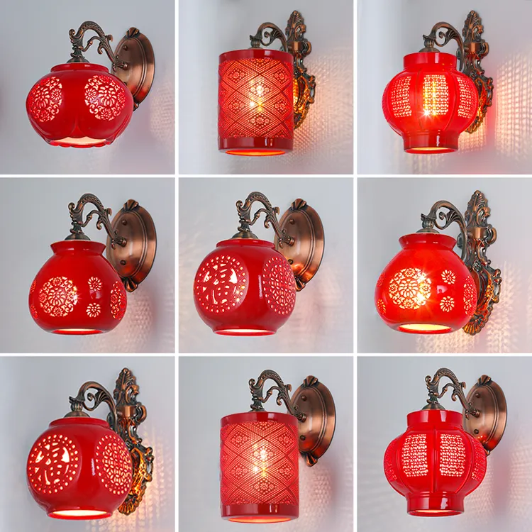 中国风古典卧室床头灯中式仿古风格客厅背景墙陶瓷壁灯红色过道灯