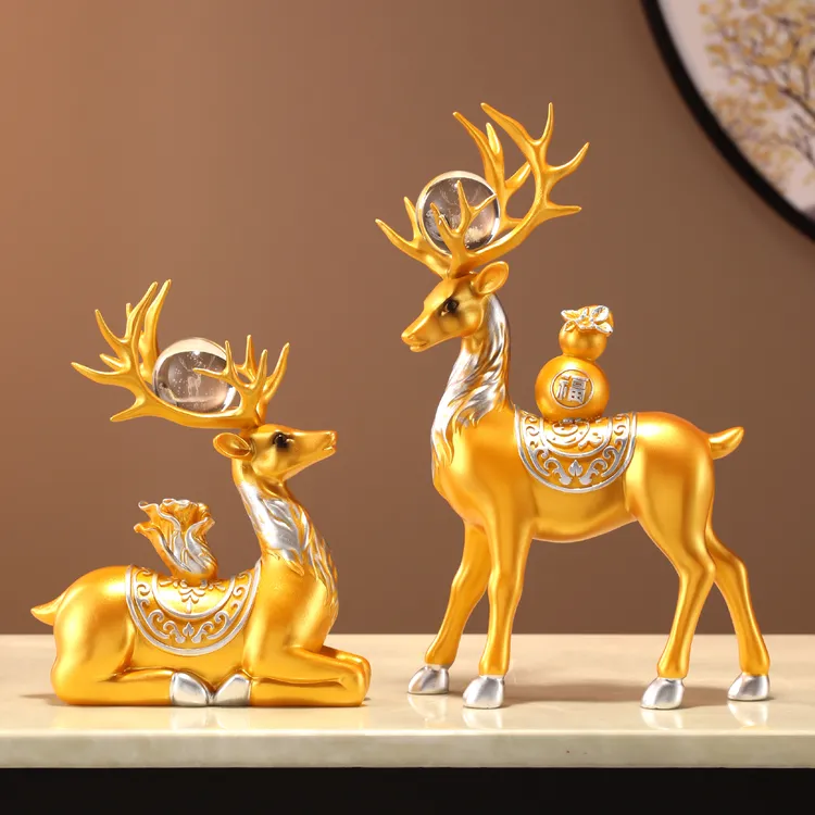 新款大号对鹿白菜葫芦鹿松弛感中式梅花鹿摆件装饰品玄关酒柜客厅