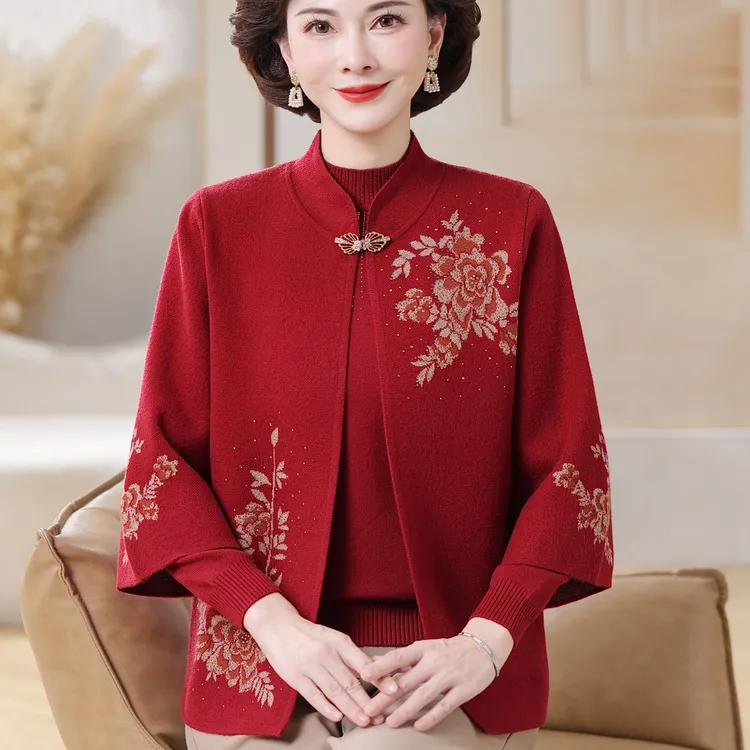 冬装厚款针织毛衣两件套上衣开衫外套中老年女装秋冬款洋气妈妈装