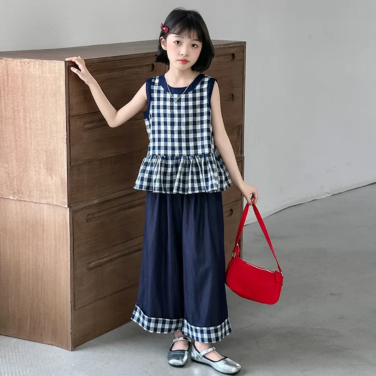 女童夏装套装2025新款儿童洋气时髦格子背心女孩夏季薄款两件套