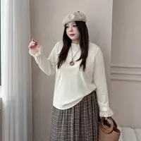 DC8332大码女装【椰奶泡芙】秋冬半高领蕾丝长袖T恤打底衫针织上衣