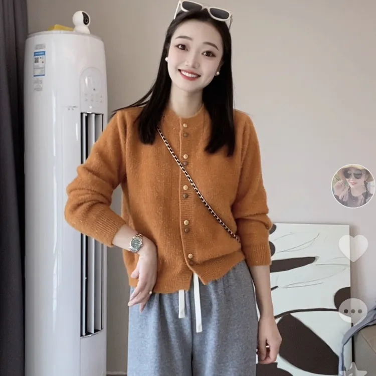 05#不起球秋款圆领双扣长袖领纯色针织开衫