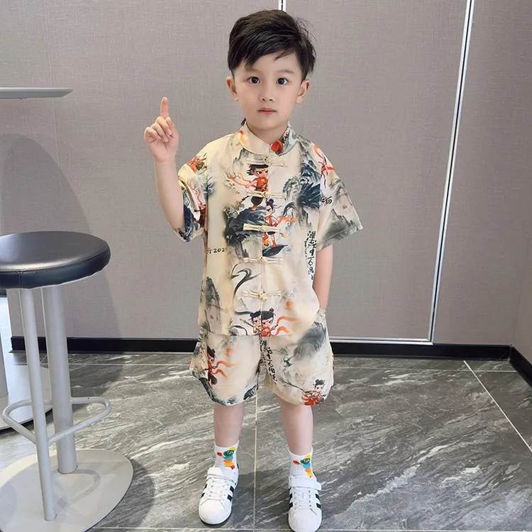 2026新款男宝哪吒衣服夏季汉服儿童礼服新中式国风唐中式短袖套装