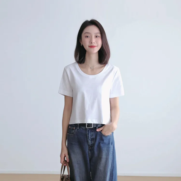 短款棉质T恤女大U领短袖正肩外穿宽松通勤性感露脐打底衫高腰上衣