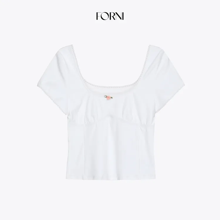 FORNI 捕捉心跳 法式小清新甜妹解构塑形收腰花边短T恤上衣