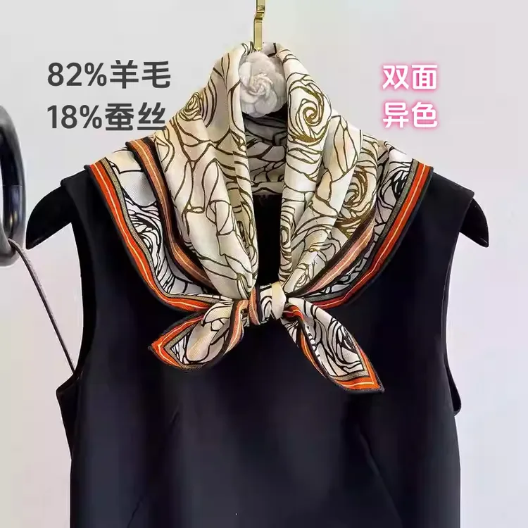 丝巾女桑蚕丝羊毛小方巾2025新款复古玫瑰花双面双色印花装饰领巾