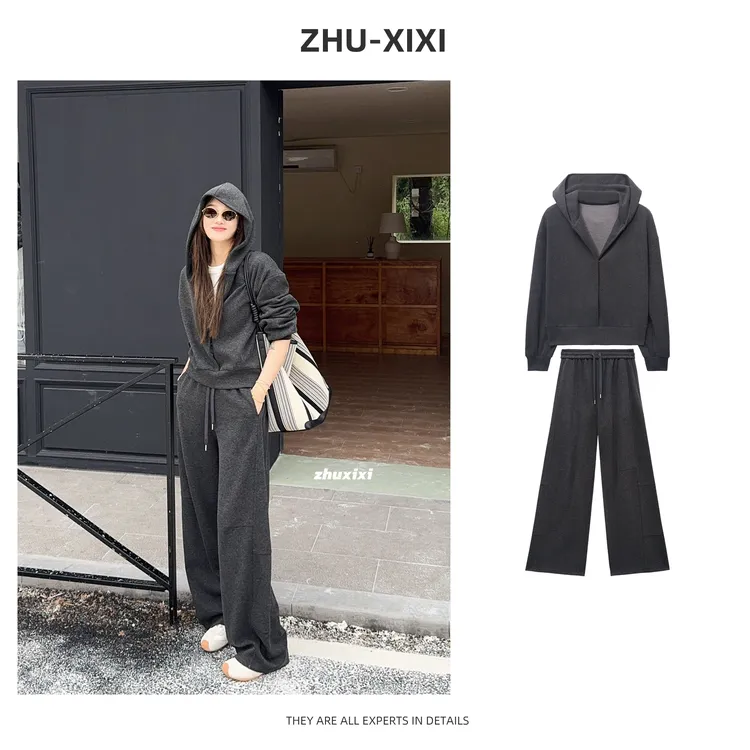 祝喜喜【玛奇朵】加绒银狐绒百搭加厚秋冬套头开衫运动套装