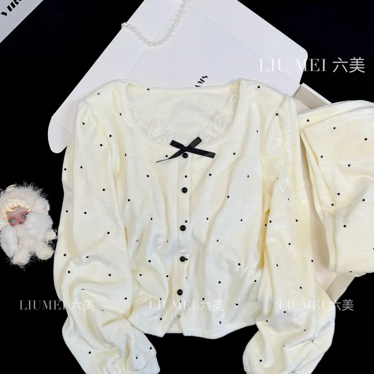 芋泥啵新款海岛绒睡衣女秋冬蕾丝长袖甜美波点可外穿自带胸垫套装