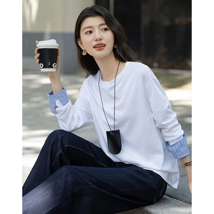 dme德·玛纳50支纯棉织造秋季设计感圆领撞色拼接长袖女式t恤