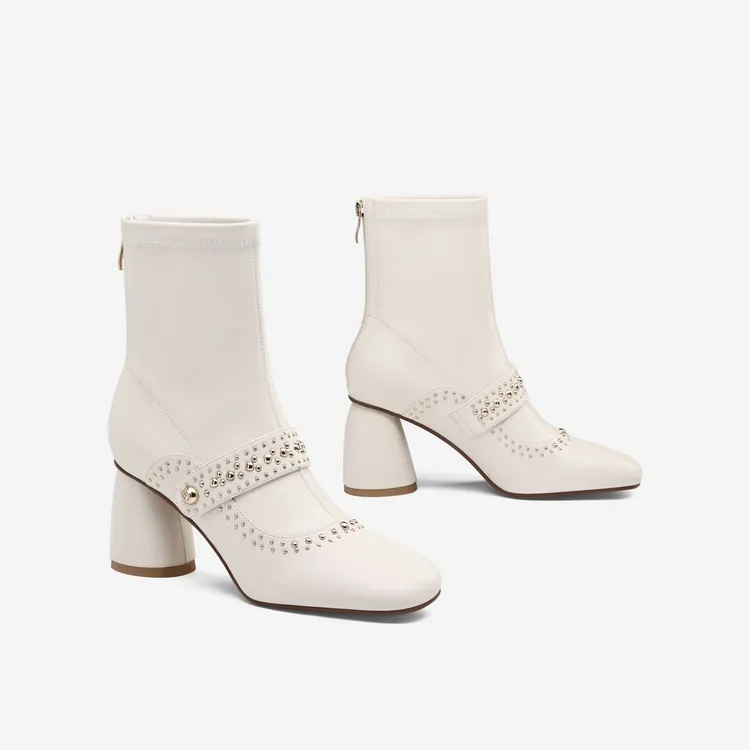 复古铆钉短靴女2025冬季新款方头真皮粗跟弹力靴韩系高跟瘦瘦靴子