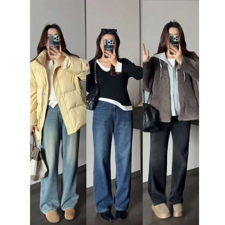 大婉酱微胖定制【赫连老钱裤】冬季加绒保暖水洗直筒牛仔裤女2762D