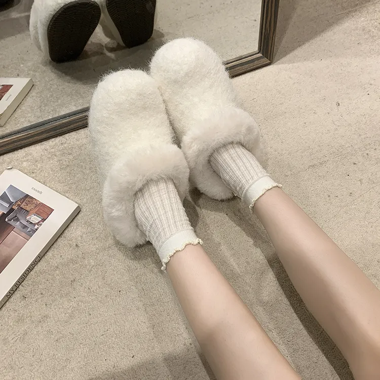 加绒保暖平底外穿一脚蹬毛毛鞋舒适软底不累脚棉鞋休闲时尚勃肯鞋