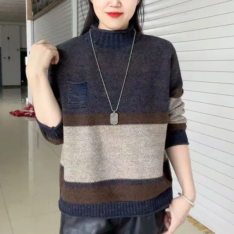 拼色升级款彩虹毛衣半高领女装条纹针织衫宽松毛线衣7279款
