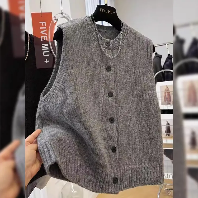 春秋季新款韩系宽松简约百搭毛针织衫马夹女叠穿休闲马甲背心上衣