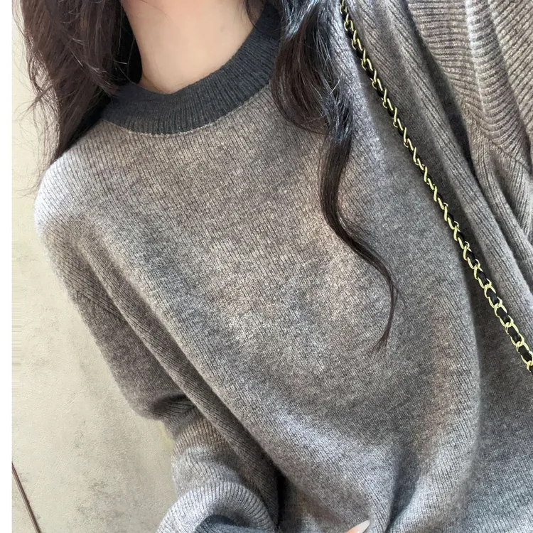 气质感高级灰色撞色毛衣女秋冬装新款简约内搭针织衫软糯上衣韩版