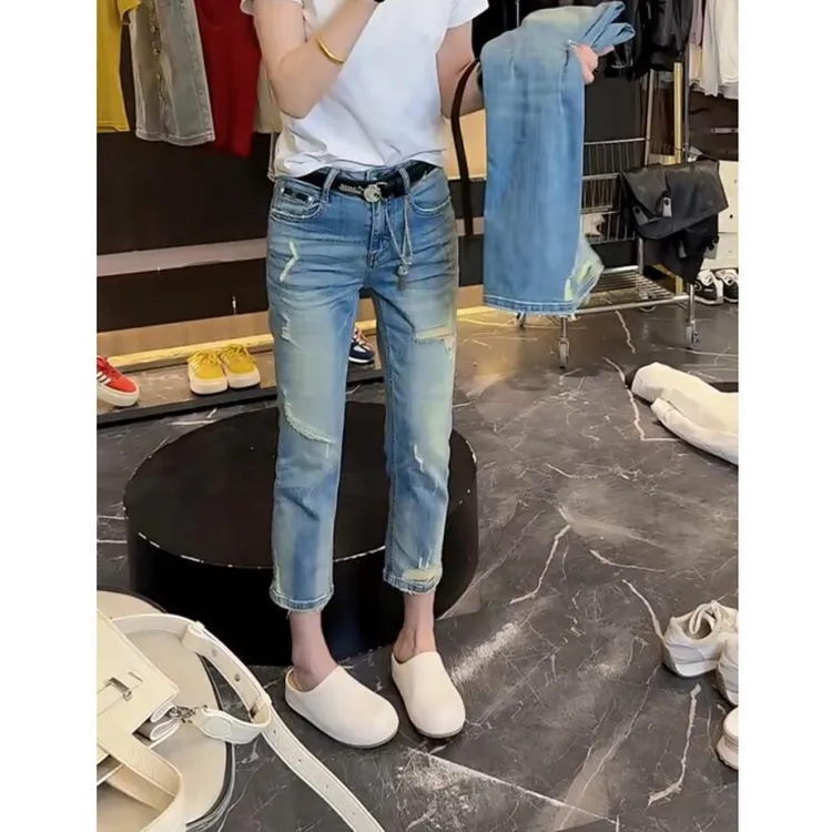 梨型身材穿搭2025年夏季薄款八分破洞牛仔裤女大码显瘦直筒烟管裤