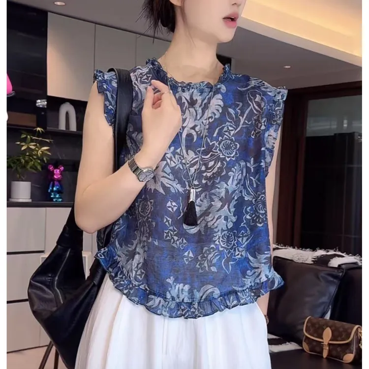 （送运费险）薄款碎花夏季小衫宽松衬衫蓝色木耳边无袖百搭显瘦上衣
