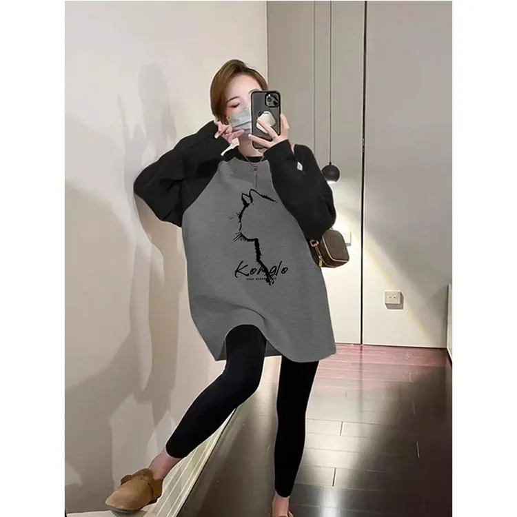 胖mm配鲨鱼裤的磨毛长袖t恤女士中长款打底衫遮屁股加厚上衣内搭