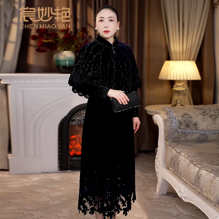 高贵优雅气质丝绒连衣裙大码妈妈装中长款修身显瘦长袖复古裙子