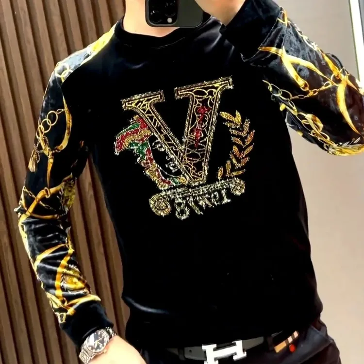 6286男士秋冬季柔软金丝绒烫钻打底T恤卫衣休闲时尚百搭商务欧货