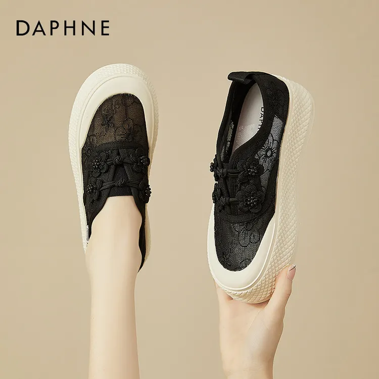 达芙妮板鞋女2025新款春夏休闲网面渔夫鞋国风厚底帆布鞋透气网鞋