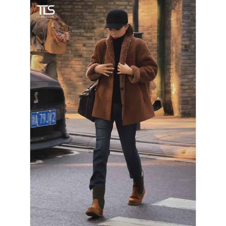 TT【摩洛哥】100%绵羊毛麂皮绒两穿复古宽松翻领皮草保暖外套PC5049