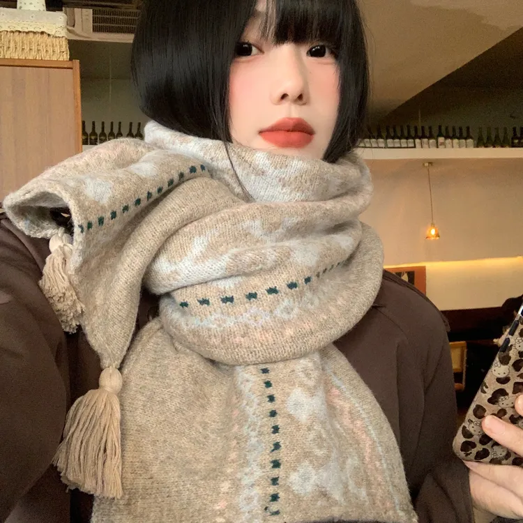 费尔岛流苏针织围巾女秋冬季加厚保暖防寒护颈氛围感韩系披肩围脖