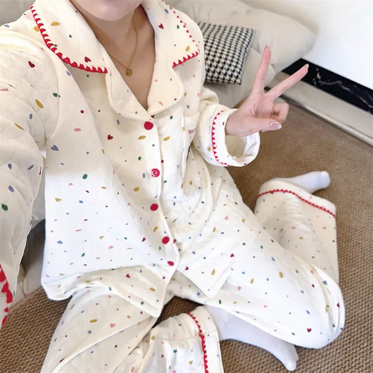 双层夹棉大码冬季新款250斤宽松翻领休闲可外穿家居服套装8048#