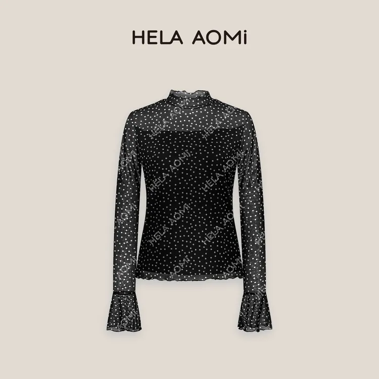 HELA AOMI“超弹波点”高密网裸肤感波点内搭高弹力叠穿网纱T恤