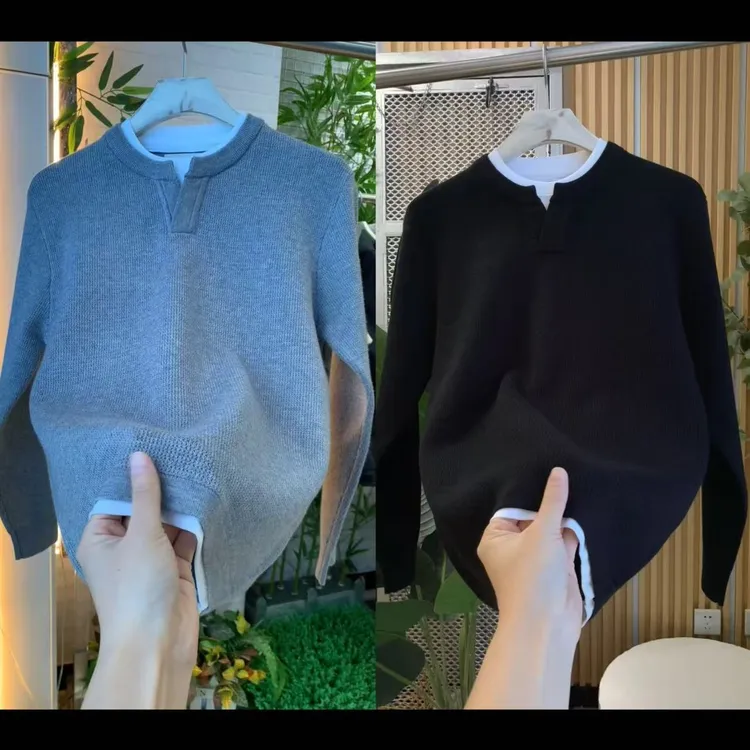 男士休闲简约假俩件针织衫8680