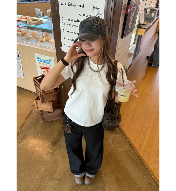 Don Cry 美式辣妹微宽松纯棉竹节正肩短袖女夏季圆领纯色简约上衣